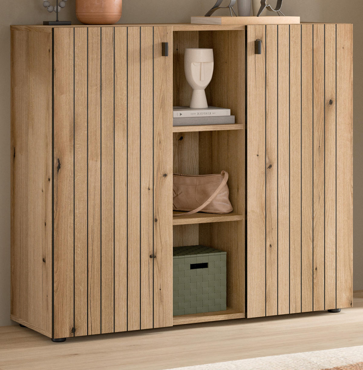 FLURKOMMODE Evoke Eiche 106 cm, Schuhschrank mit eingefräster Rillenoptik - Schwarz/Eiche Artisan, Glas/Holzwerkstoff (106/96/37cm) - Inn.Furn