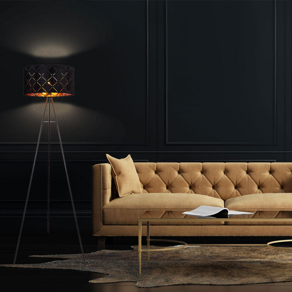 LED STEHLEUCHTE SUNNA schwarz-gold Metall Textil - Goldfarben, Metall (69/69/149cm) - Globo Lighting