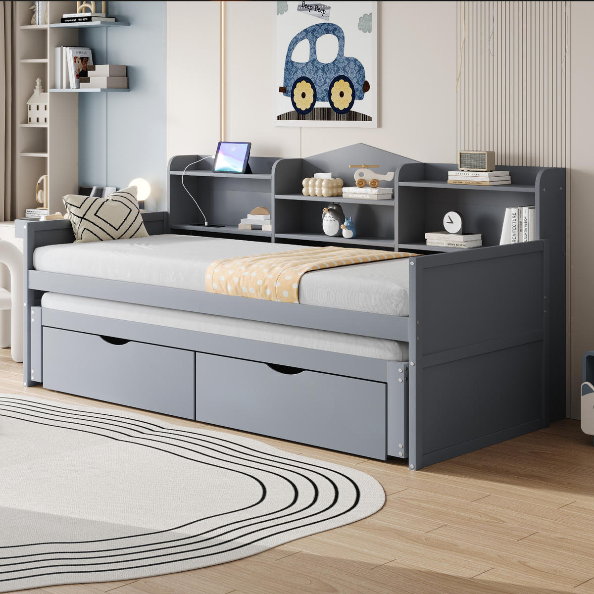 MULTIFUNKTIONSBETT 90/200 cm mit ausziehbarem Bett 90/190 cm und Stauraum in Grau - Grau, Holz (90/200cm) - OKWISH