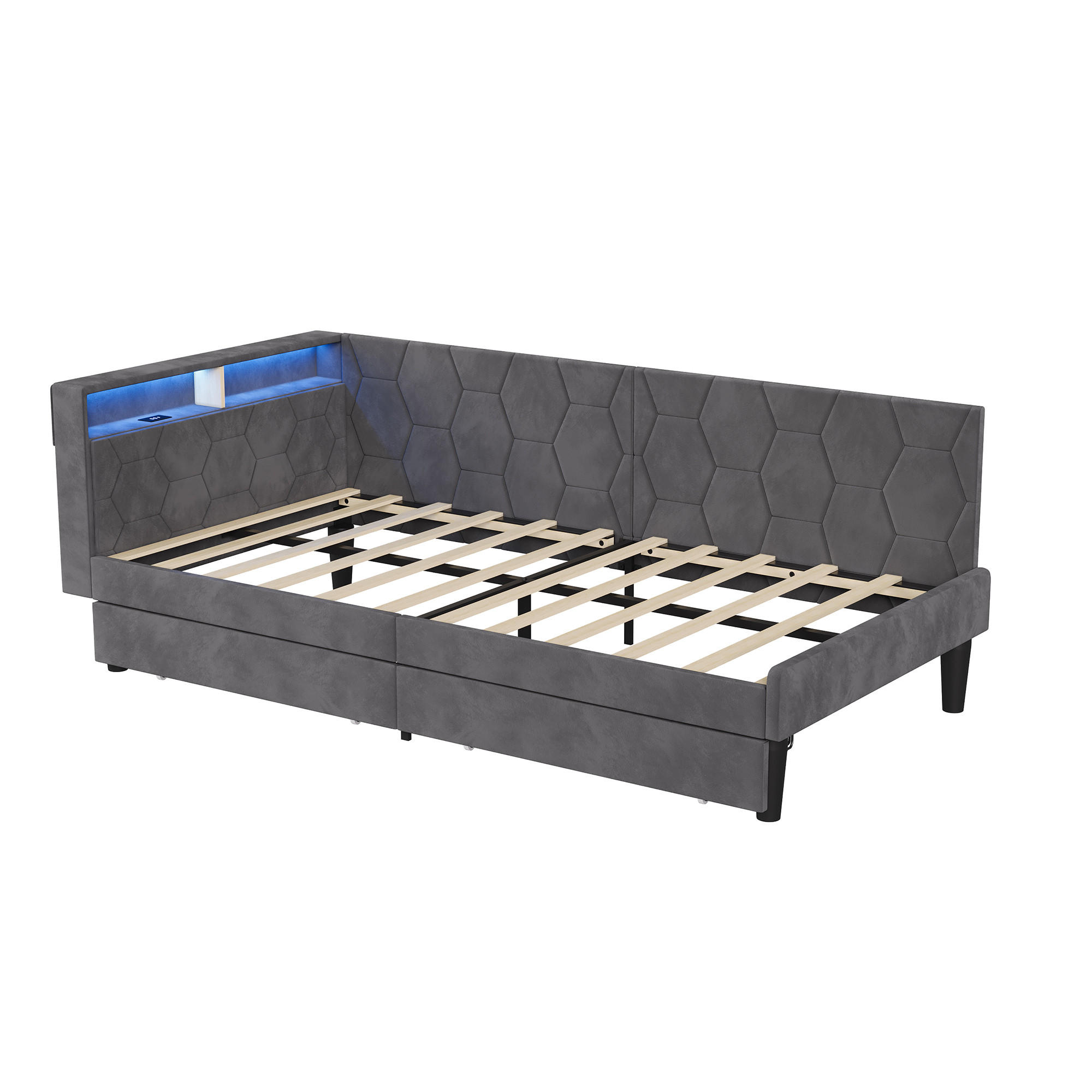 POLSTERBETT 90x200 cm LED USB Schubladen Lattenrost grau - Grau, Holz (90/200cm) - Fortuna Lai