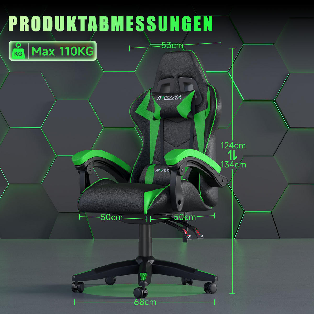 GAMINGSTUHL Schwarz-Grün ergonomisch - Grün, Leder (29/59/79cm) - Rattrix