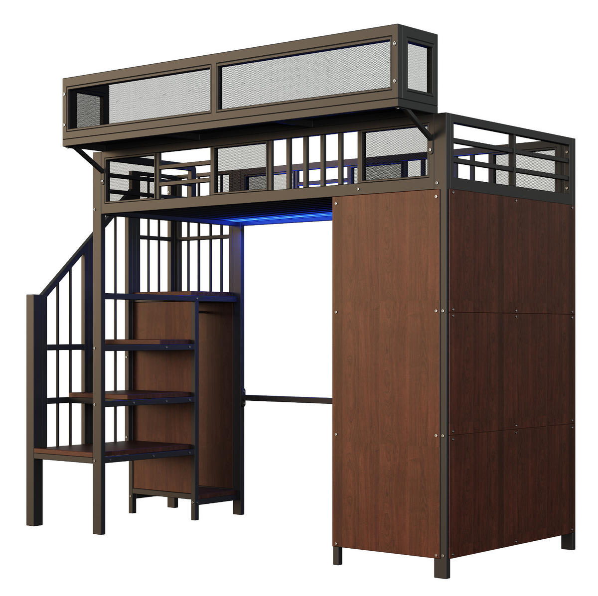 HOCHBETT 90/200 cm mit Kleiderschrank, LED-Beleuchtung und Stauraumleiter, Metall/ Holzwerkstoff, Schwarz - Schwarz, Metall (90/200cm) - Redom
