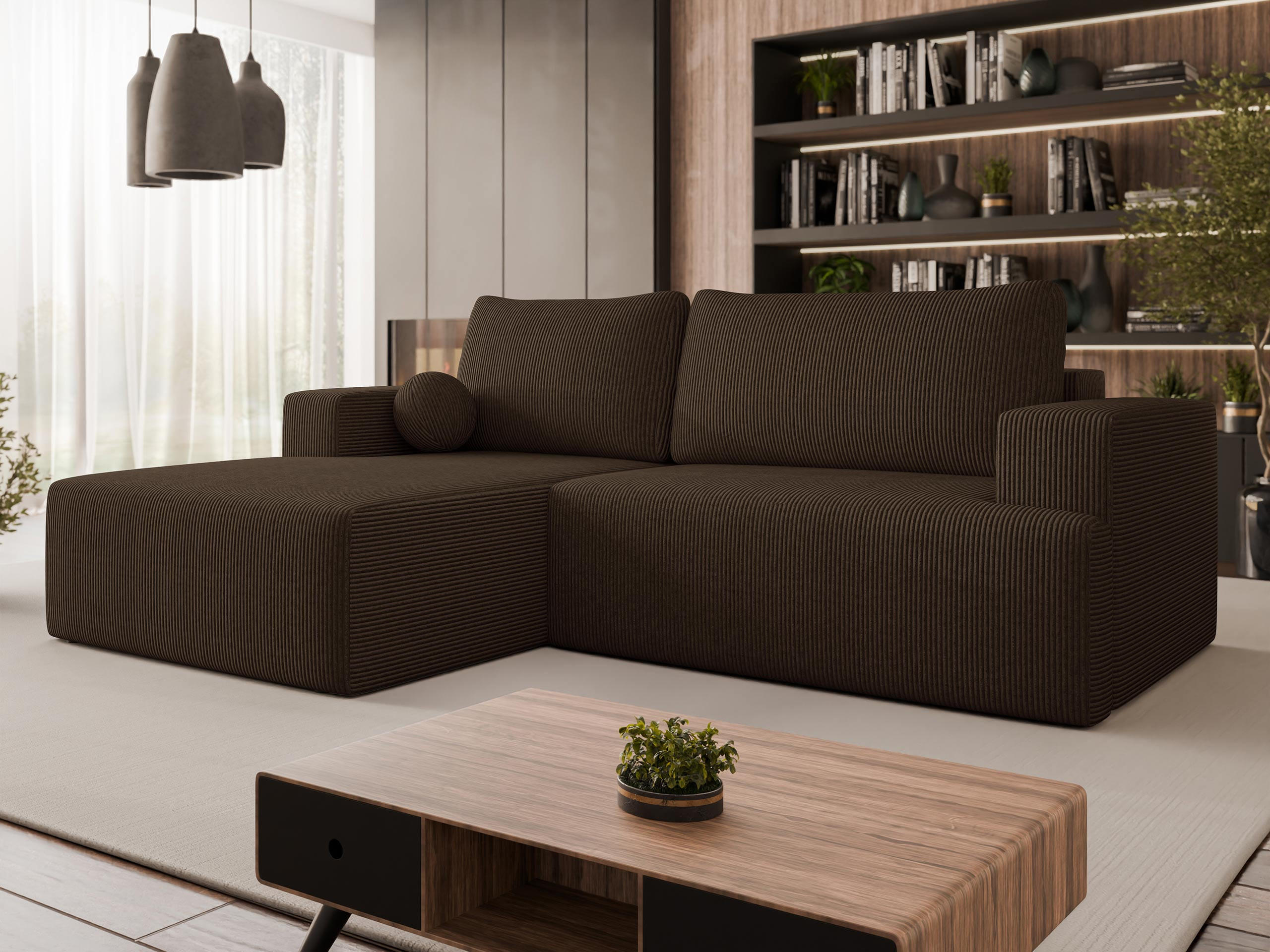 ECKSOFA Mivo Cord, Seite: Links - Schwarz/Braun, Holz/Kunststoff (266/163cm) - MIRJAN24