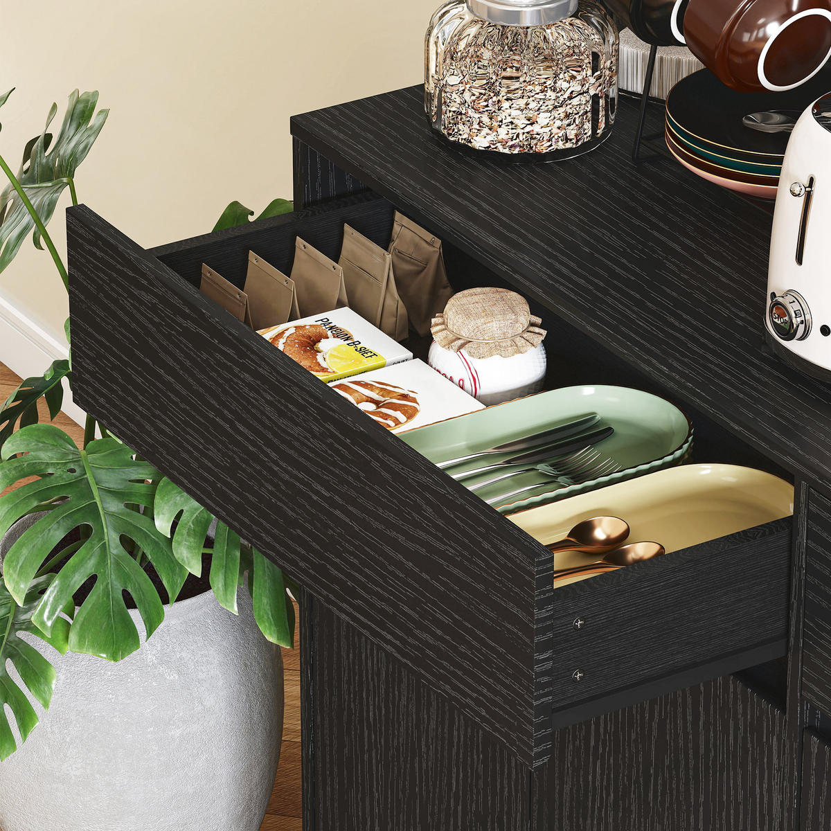 BUFFET DE-08714 mit Arbeitsplatte & 6 Türen Schwarz - Schwarz, Holzwerkstoff (38/180/100cm) - ComfortXL