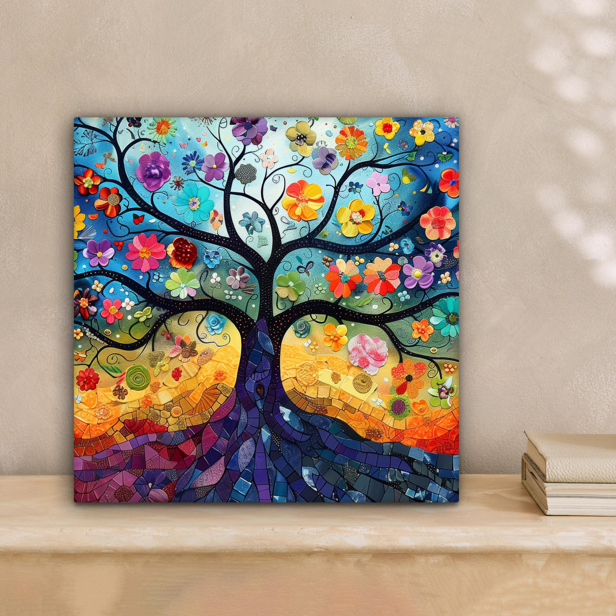 LEINWANDBILD Kunst - Baum des Lebens - Blumen - Hippie Deko Wohnzimmer 20x20 cm - Dunkelblau, Textil (20/20cm) - MuchoWow