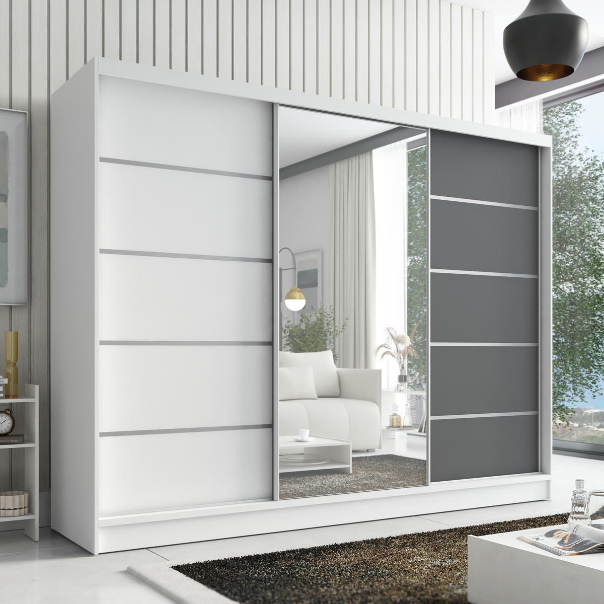 SCHWEBETÜRENSCHRANK 200 cm AURELIA 1 Farbe: Weiß, Weiß, Graphit - Graphitfarben/Weiß, Holzwerkstoff (200/215/60cm) - A&J MöbelLand