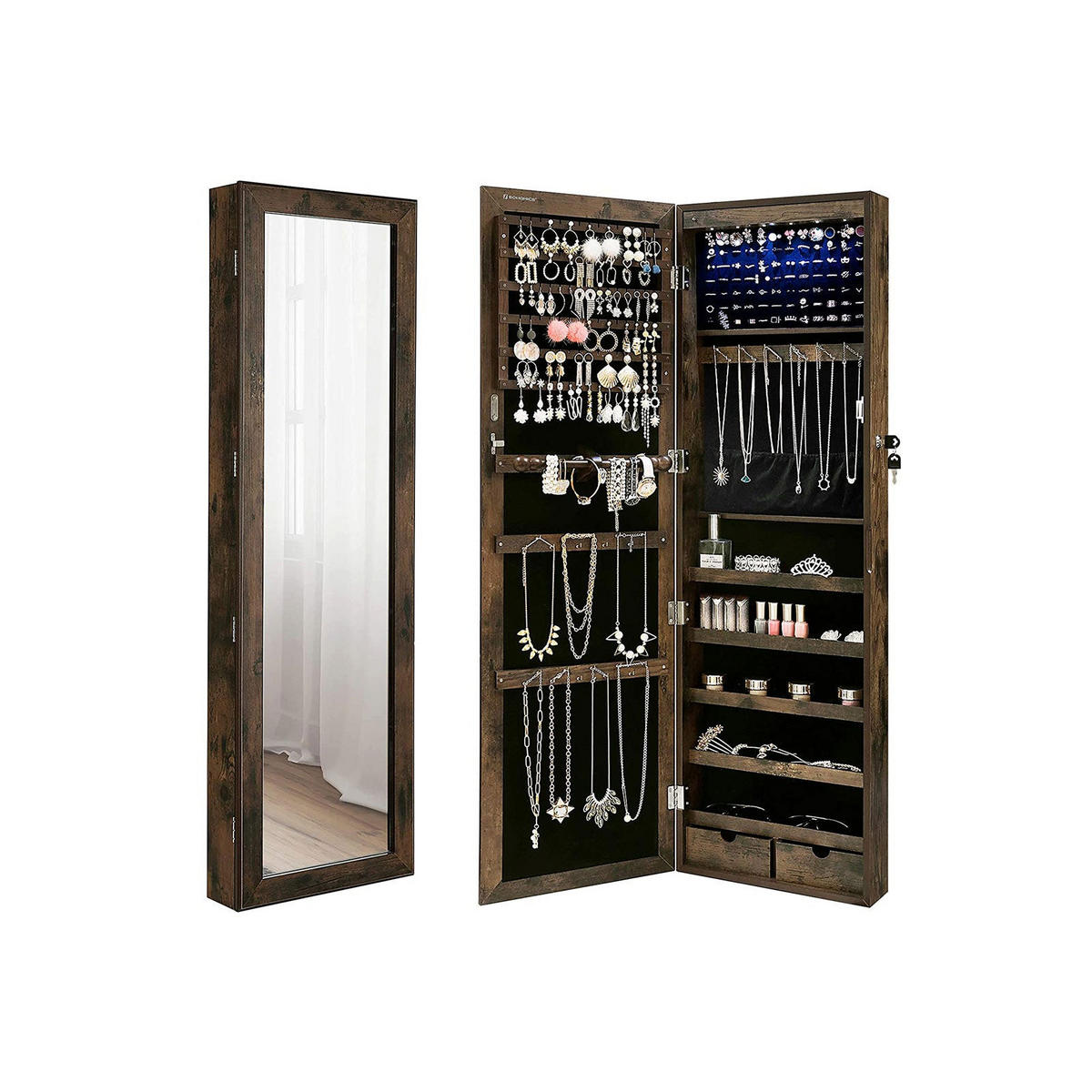 SCHMUCKSCHRANK GANZKÖRPERSPIEGEL - Braun, Holzwerkstoff (10/37cm) - Hansiro