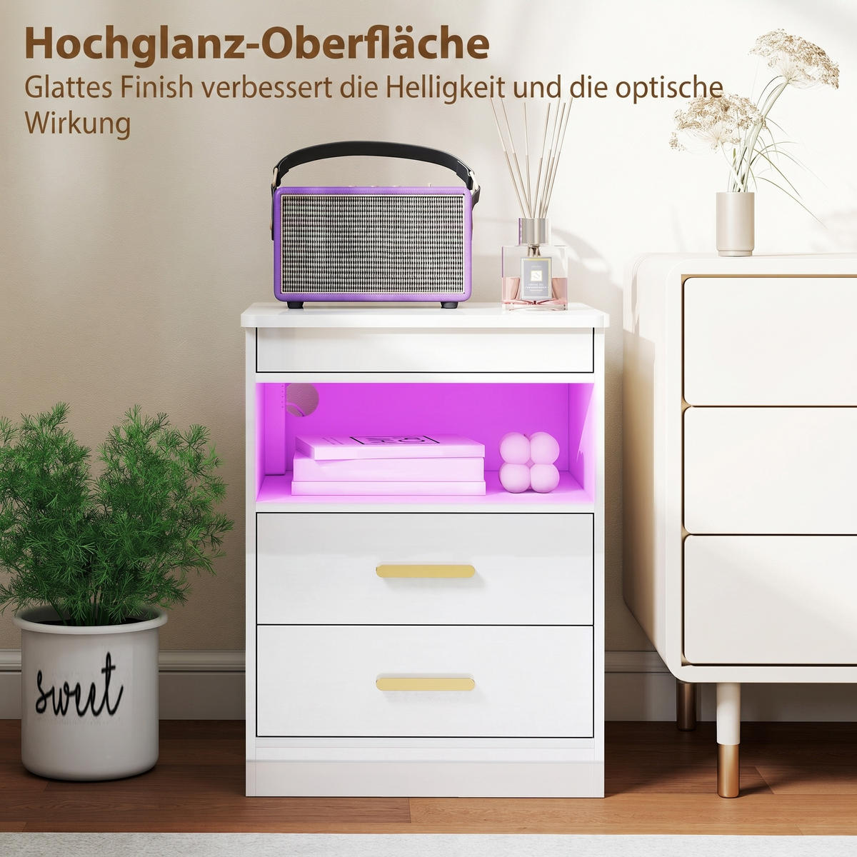 NACHTTISCH MDF Hochglanz-Weiß - Weiß Hochglanz, Holzwerkstoff/Metall (40/59/45cm) - HOMCOM