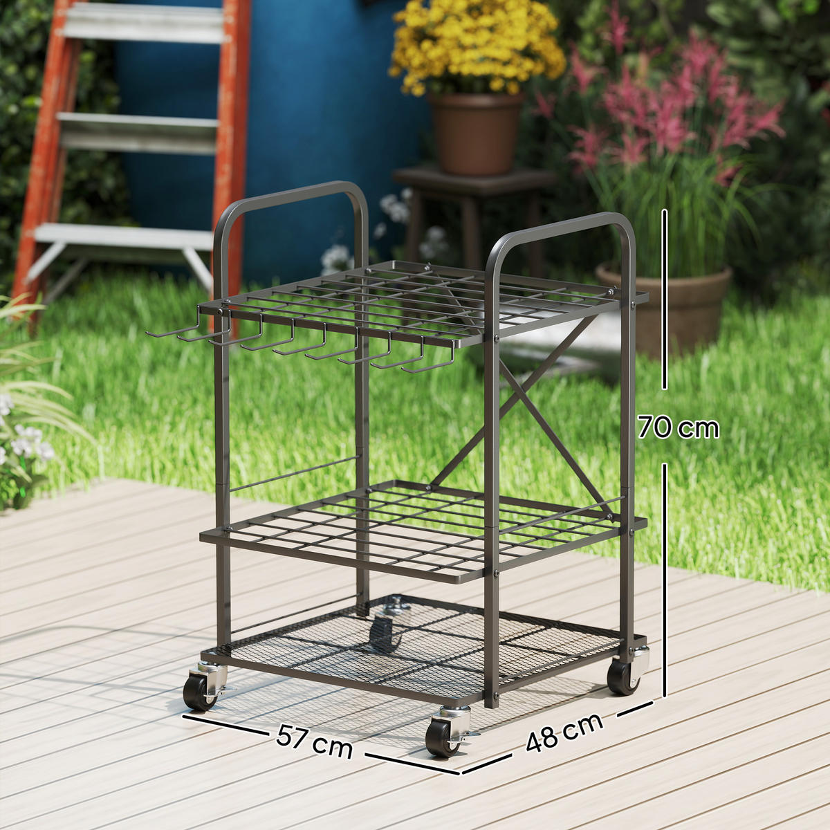 GARTENREGAL DE-13808 mit Rollen und 40 Fächern Schwarz - Schwarz, Metall (48/70/57cm) - ComfortXL