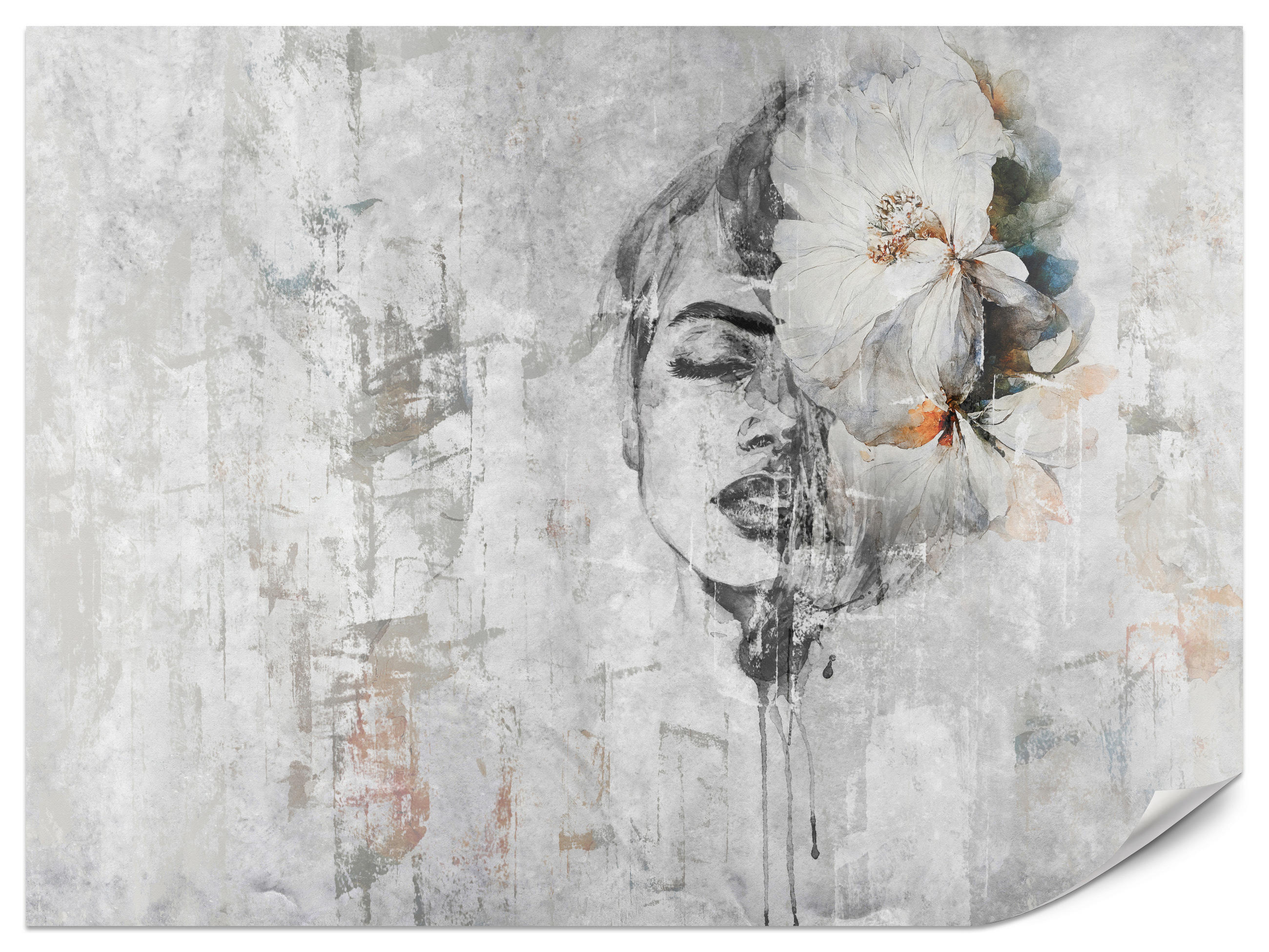 FOTOTAPETE für Schlafzimmer Frau Porträt Blume Beton Abstraktion 200x140 - Blau/Orange, Papier (200/140cm) - Muralo
