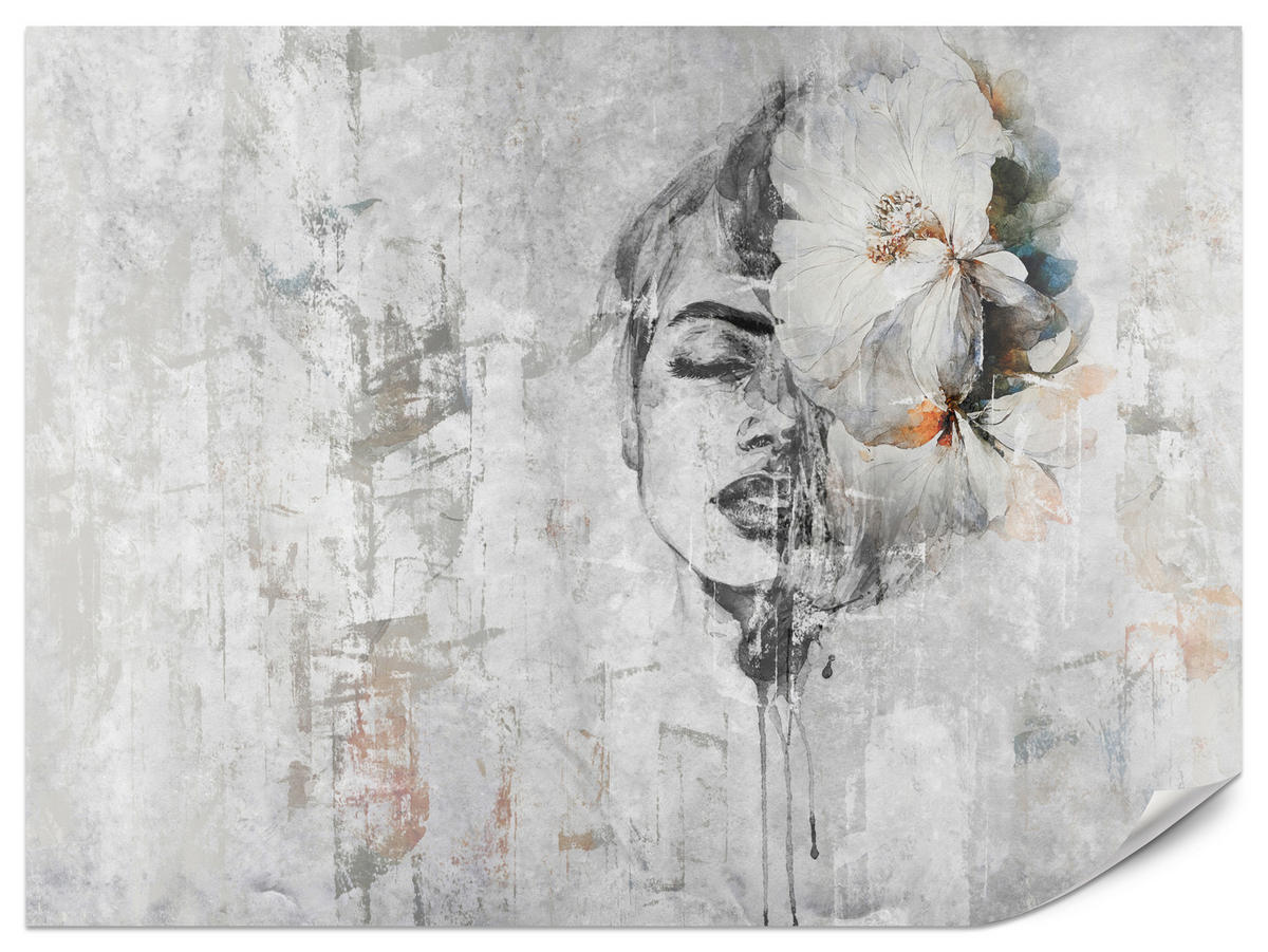 FOTOTAPETE für Schlafzimmer Frau Porträt Blume Beton Abstraktion 200x140 - Blau/Orange, Papier (200/140cm) - Muralo