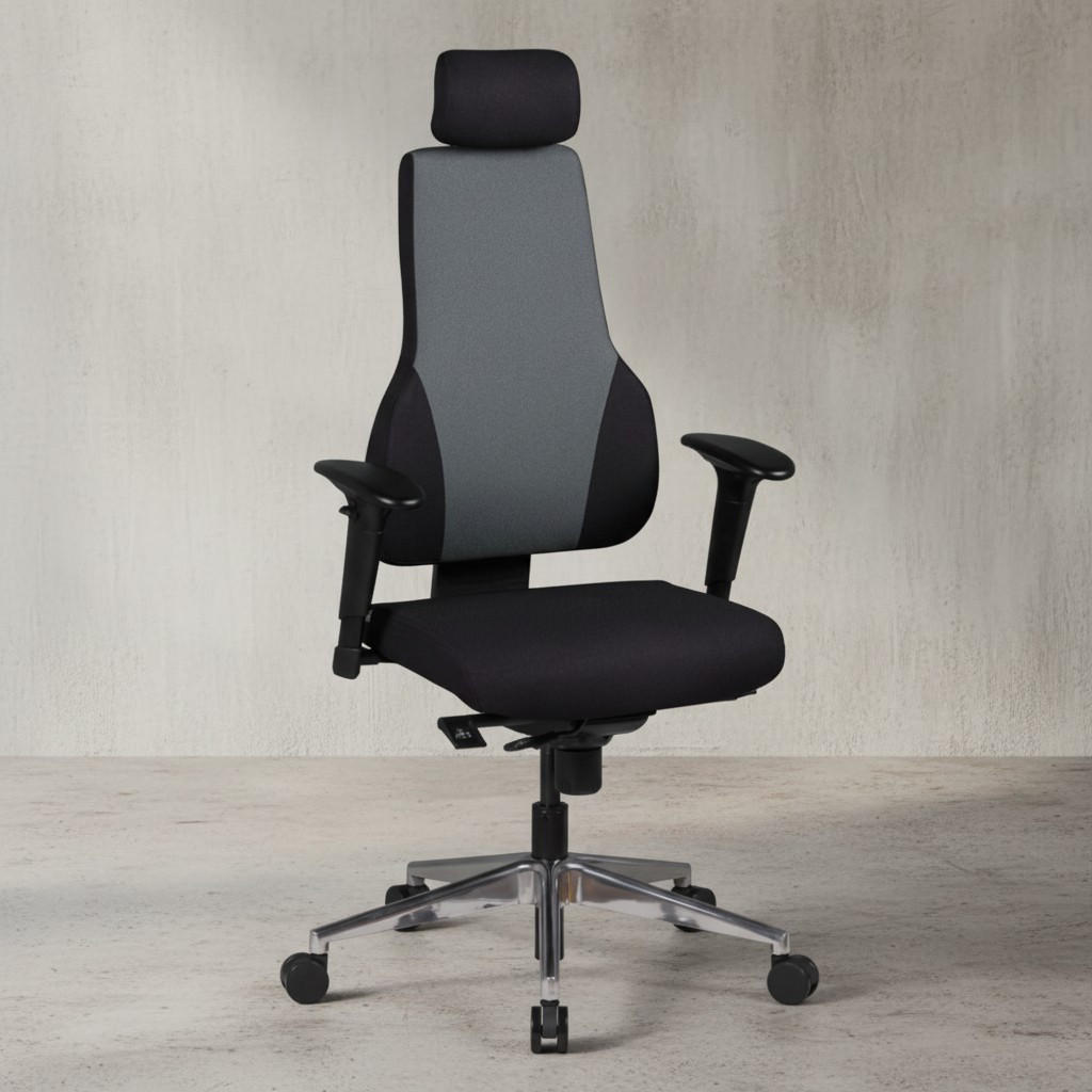 CHEFSESSEL Kunstleder mit 3-Punkt-Synchronmechanik, ergonomischer Rückenlehne, höhenverstellbarer Kopfstütze und Aluminium-Fußkreuz FABIO - Silberfarben/Schwarz, Textil (63/149/63cm) - KADIMA DESIGN