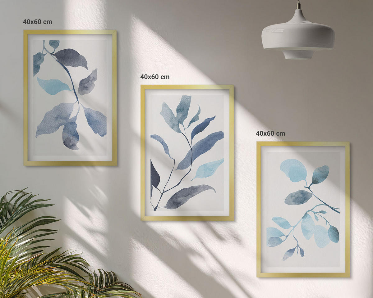 WANDBILDER 3er Set - 40x60 cm Goldrahmen - Aquarell von blauen Blättern - Goldfarben, Kunststoff (40/60cm) - ArtPrintCave
