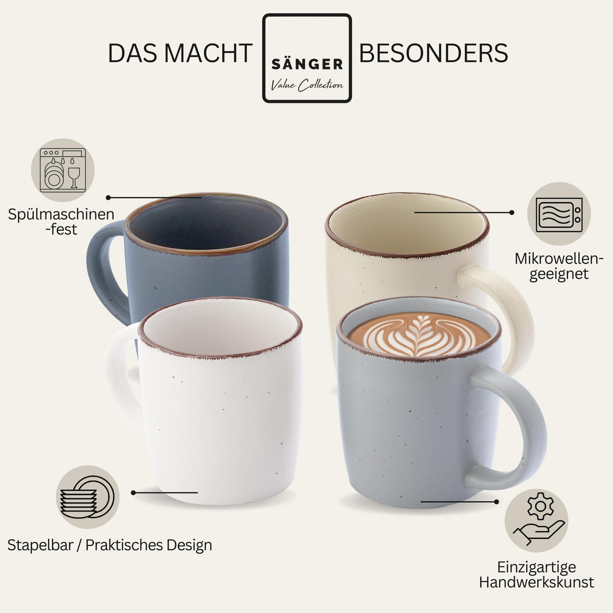 KAFFEEBECHER BOMBAY MOONLIGHT - 4 teilig aus Steingut - Hellgrau/Weiß, Stein (0.8L) - Sänger