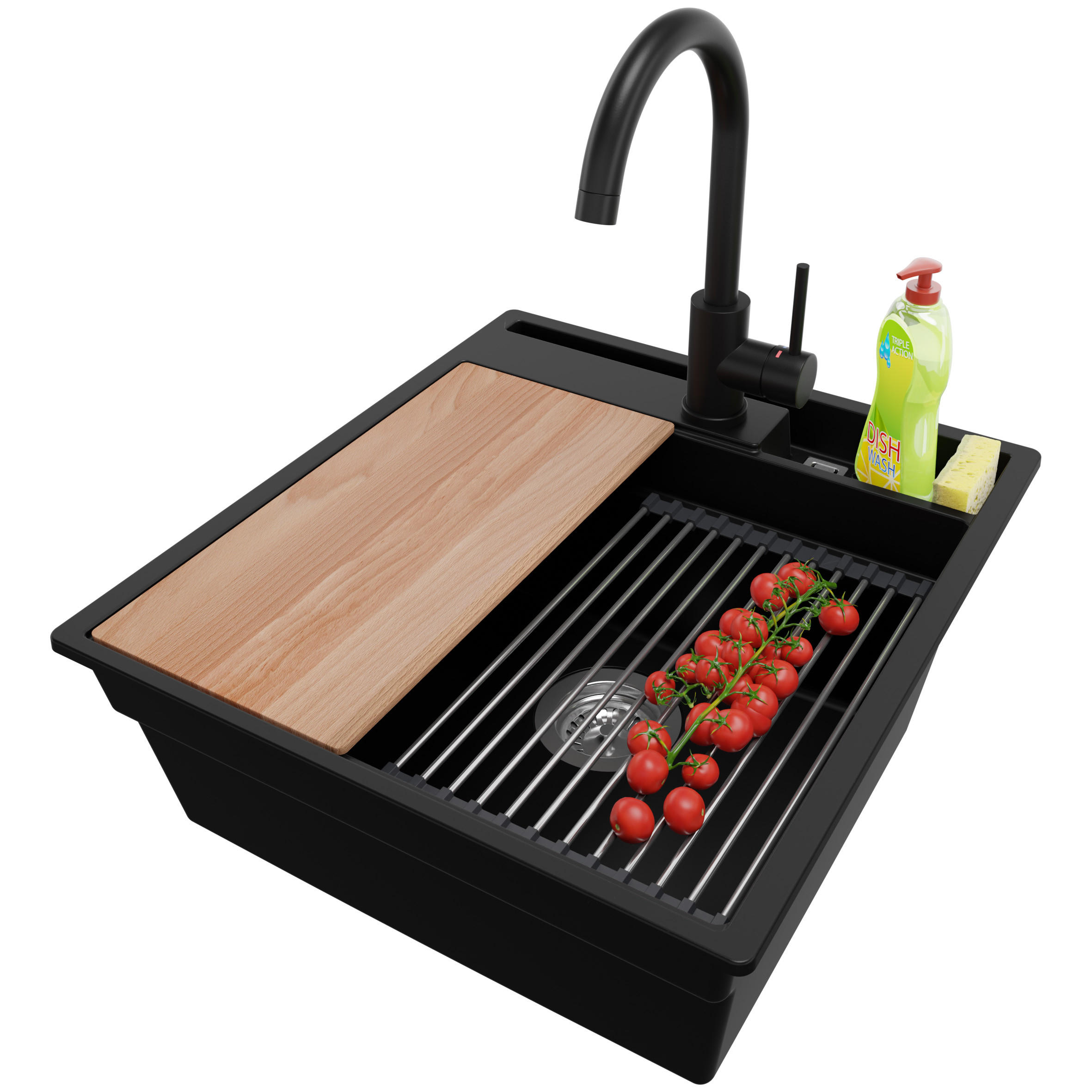 GRANITSPÜLE Oslo Pocket, 2-er set Schwarz 48/53 cm 1 Becken + Küchenarmatur 32/20 cm + Ablauf-Set + Küchenzubehörset ab 50er Unterschrank - Chromfarben/Beige, Kunststoff (48/20/53cm) - Primagran