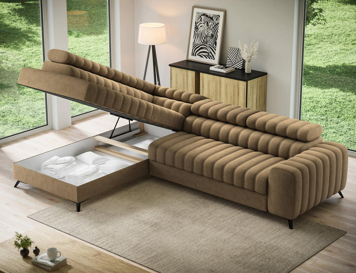 KANEDO Ecksofa mit Schlaffunktion und Bettkasten – Modernes Designsofa, verstellbare Kopfstützen, Metallfüße - Braun, Kunststoff (269/86cm) - Wohnideebilder