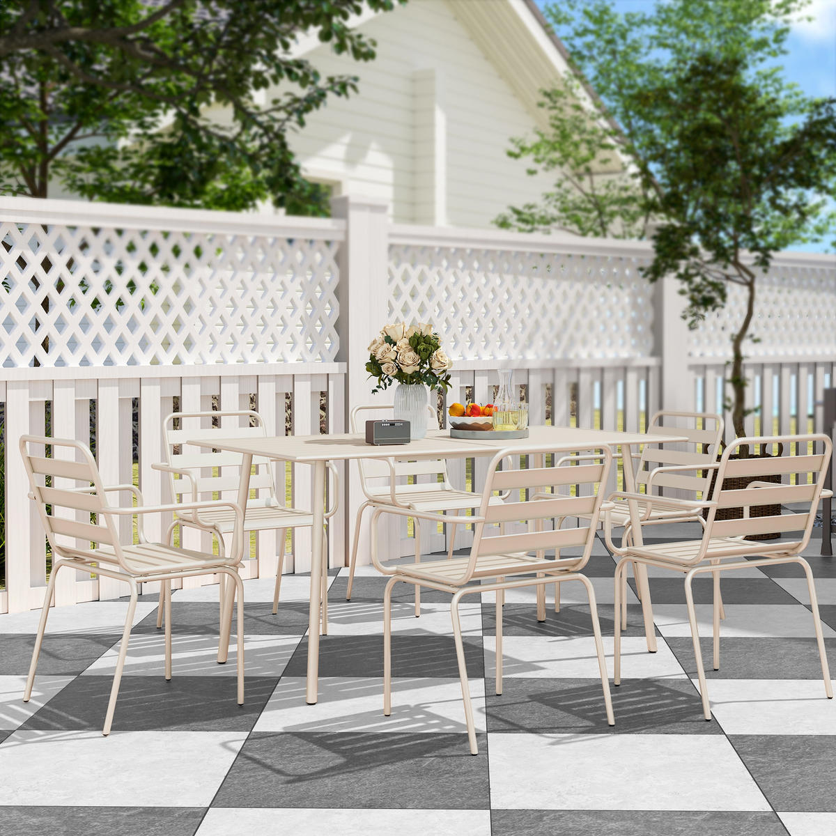 GARTENTISCHGRUPPE DE-18100 7-teilig, stapelbar Beige - Beige, Metall - ComfortXL