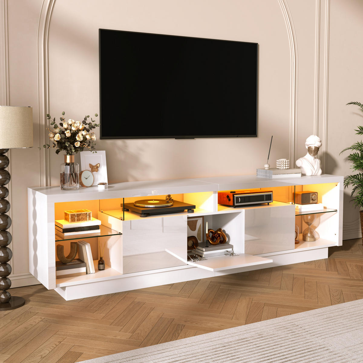 TV-ELEMENT200X38X55CM Weiß Hochglanz mit LED-Beleuchtung und App-Steuerung - Weiß, Holz (46.51/21.79/57cm) - Raelunyi