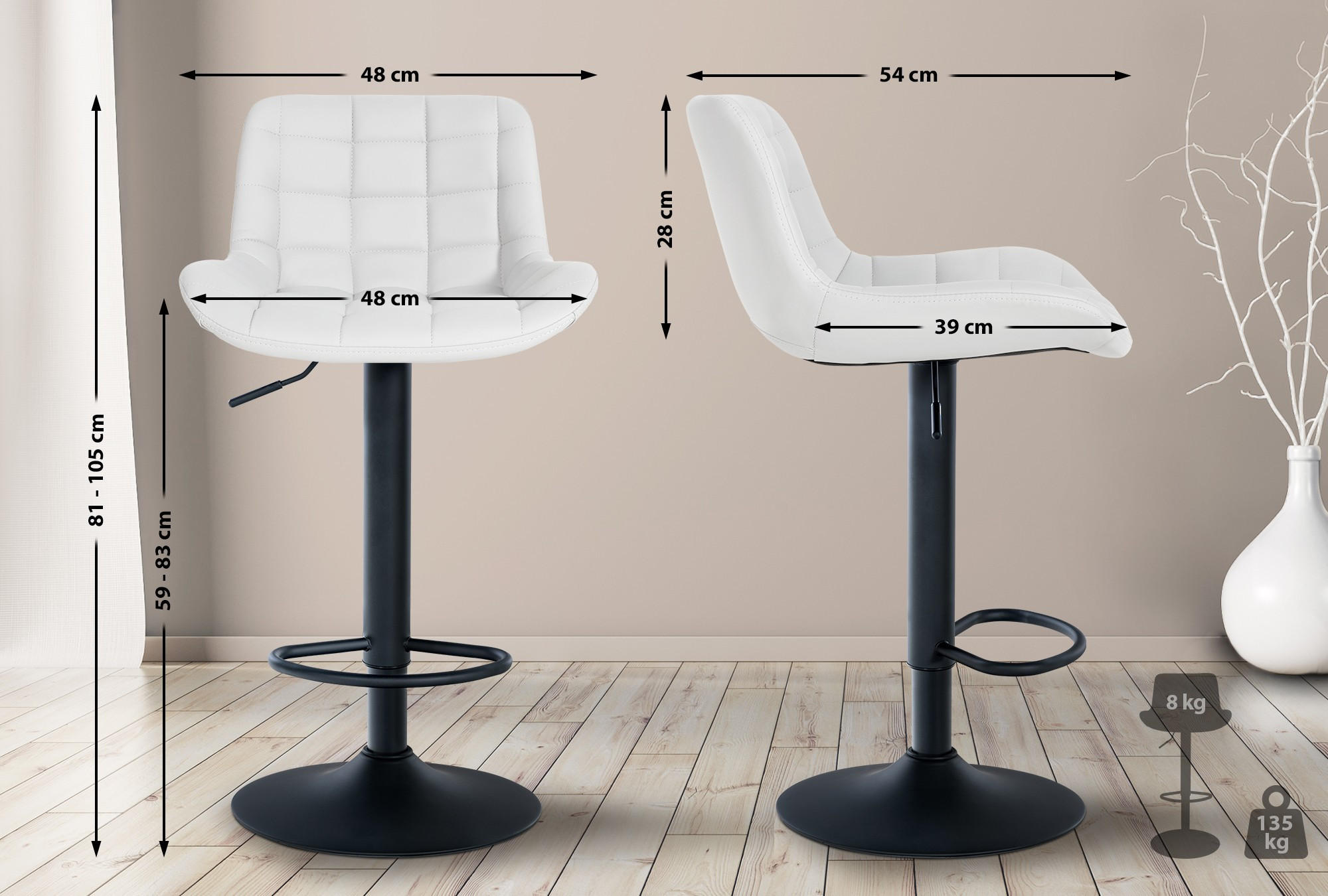BARHOCKER 2er Set Lederlook weiß - Schwarz/Weiß, Textil/Metall (48/81/54cm) - CLP