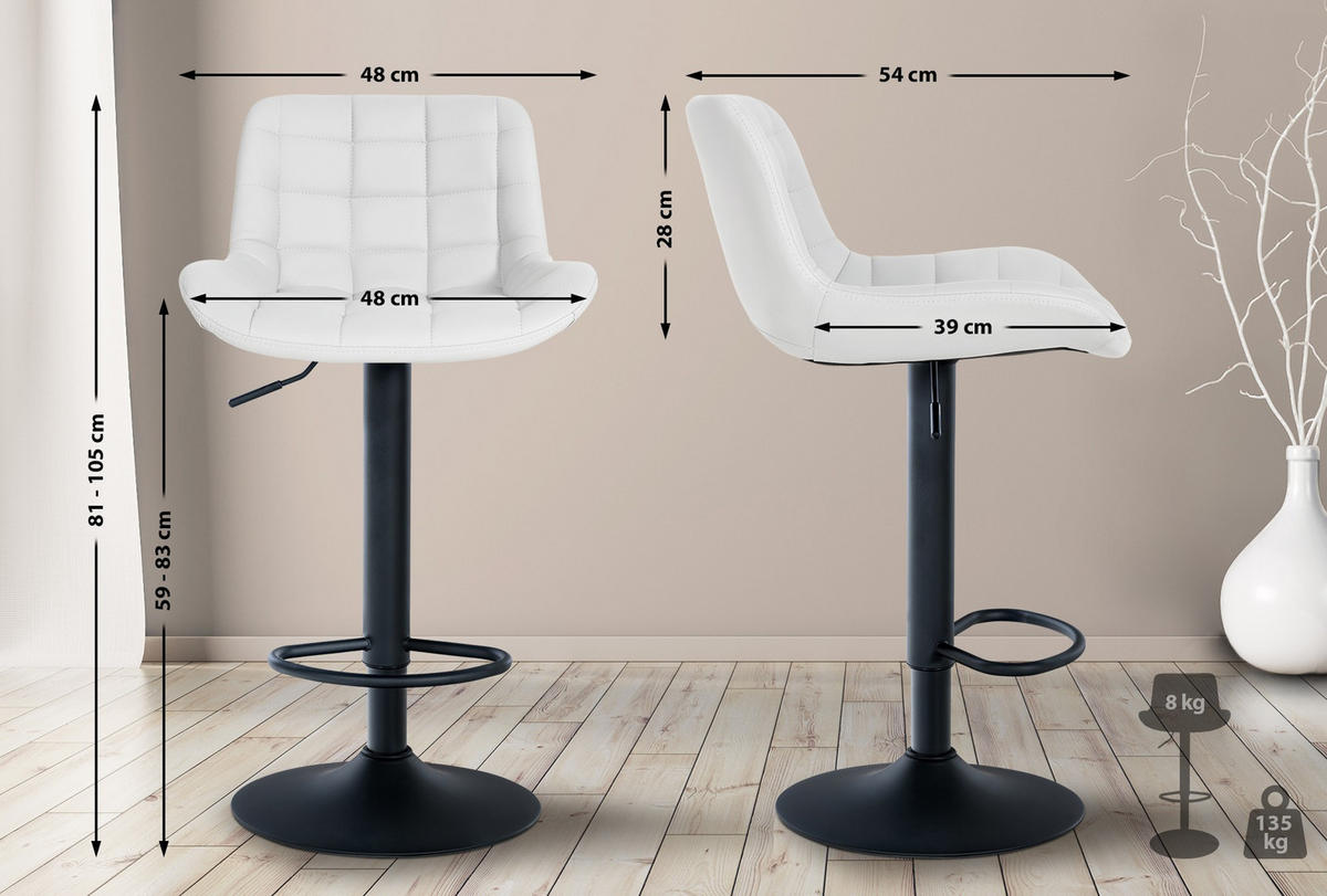 BARHOCKER 2er Set Lederlook weiß - Schwarz/Weiß, Textil/Metall (48/81/54cm) - CLP