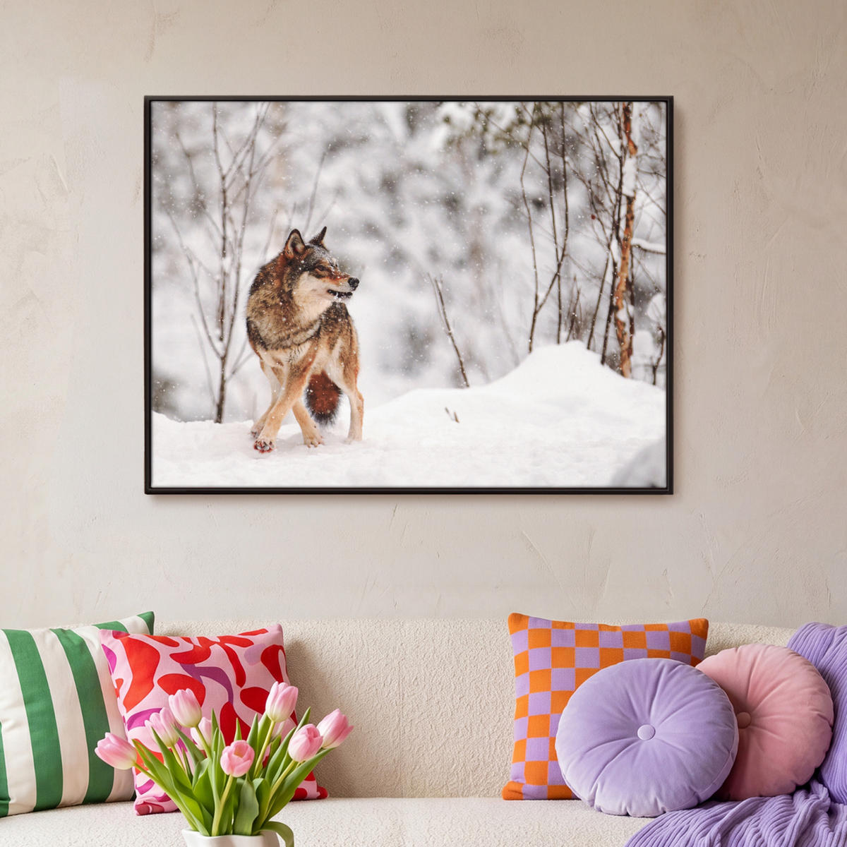 LEINWAND Bilder mit Rahmen - Wolf - Winter - Schnee - Natur - Tiere - 100x70 - Haselnussfarben, Textil (100/70cm) - MuchoWow