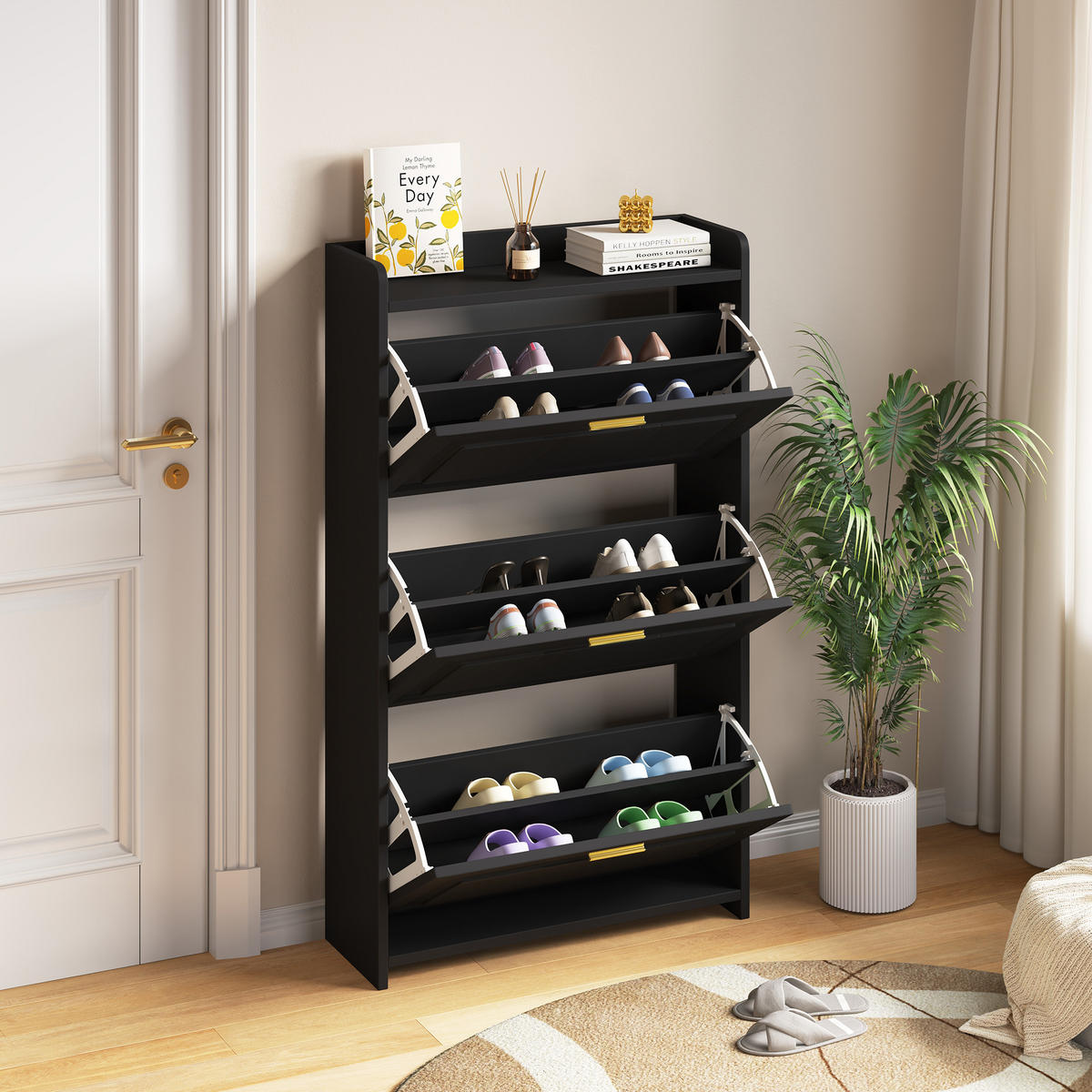 SCHUHSCHRANK in Schwarz Schuhkommode mit 6 Fächern, ideal für Flur,Eingangsbereich, Wohnzimmer und Büro, B70/T24/H120cm - Schwarz, Holzwerkstoff (70/120/23cm) - STILVORA