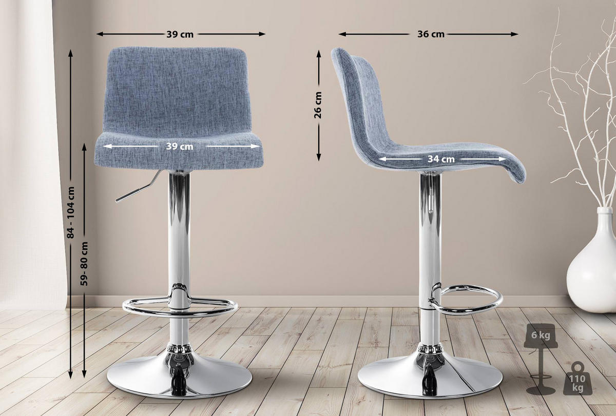 BARHOCKER Stoff blau - Chromfarben/Blau, Textil/Metall (39/84/36cm) - CLP