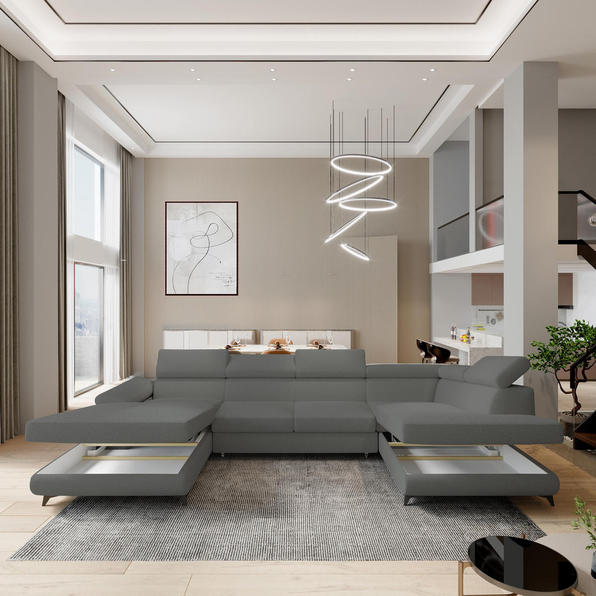 WOHNLANDSCHAFT RUBANO R-S Grau Boucle-Stoff mit Schlaffunktion - Grau, Holz (339/89/190cm) - MASSENO