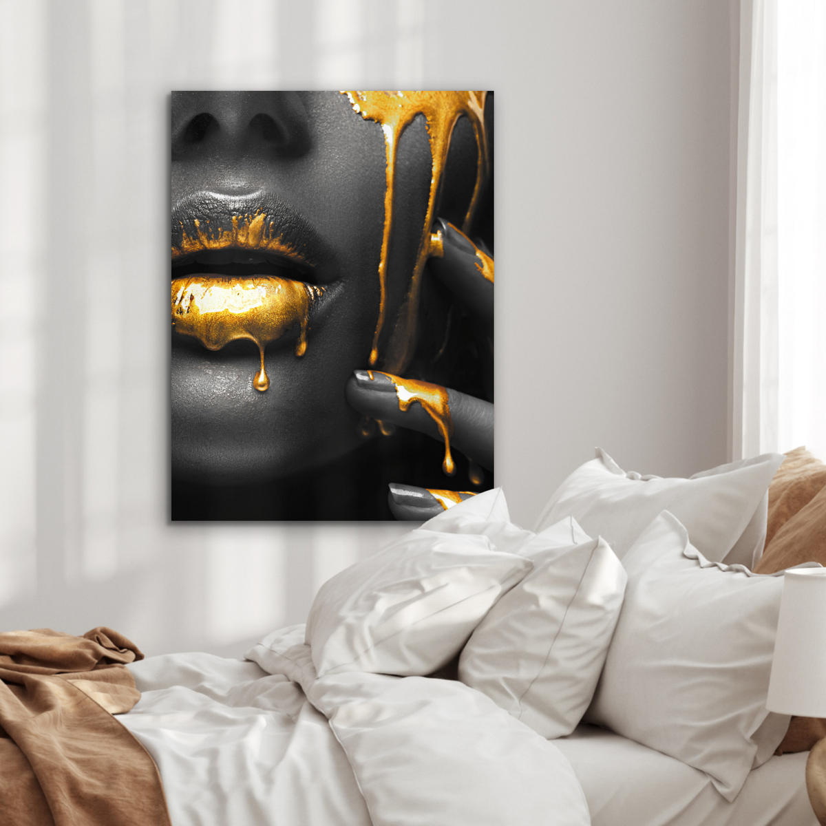 METALLBILD Frau - Schwarz - Gold - Gesicht - Lippen 60x80 cm - Goldfarben, Metall (60/80cm) - MuchoWow