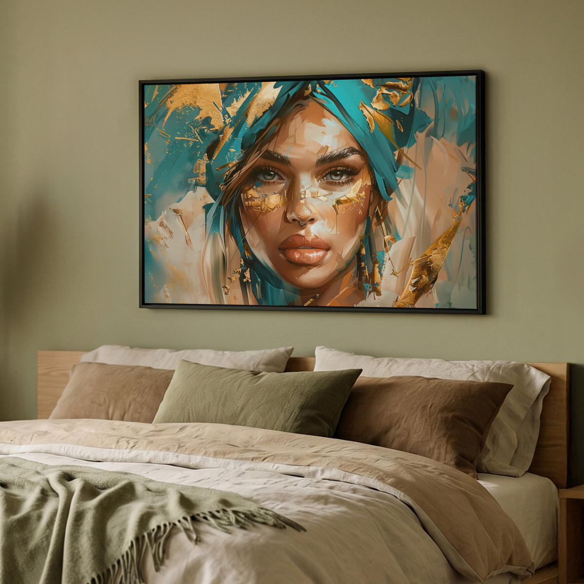 LEINWAND Bilder mit Rahmen - Frau - Porträt - Gold - Luxus - Blau - 90x60 - Türkis, Textil (90/60cm) - MuchoWow