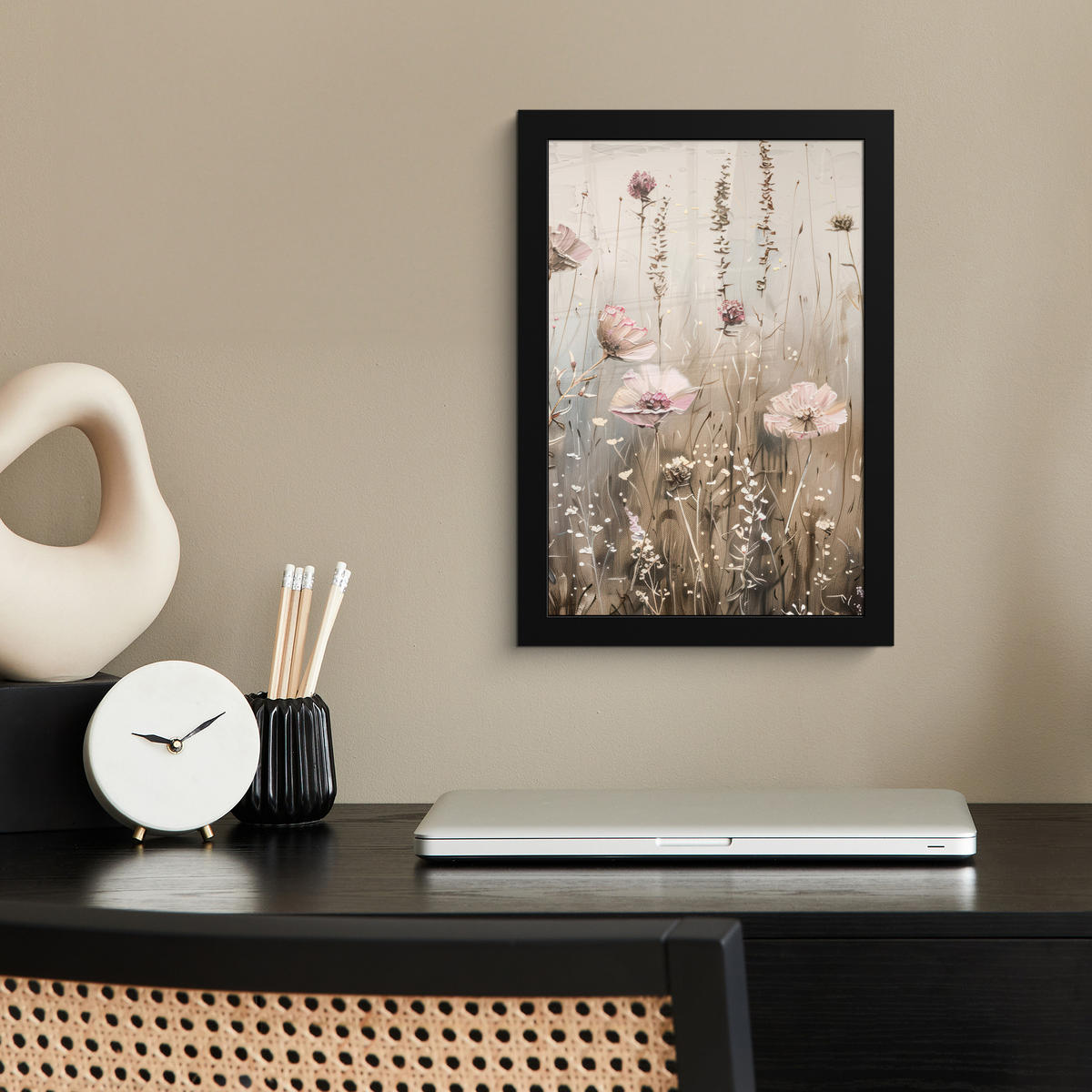 GERAHMTES BILD Blumen - Rosa - Modern - Beige 20x30 cm - Beige, Papier (20/30cm) - MuchoWow