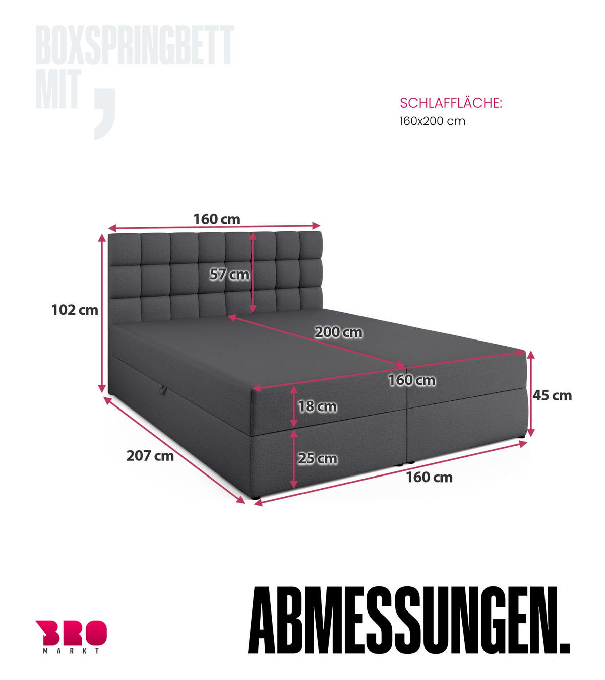 BOXBETT Dakota mit Topper 160/200 Dunkelgrau - Dunkelgrau, Textil (160/200cm) - Bromarkt