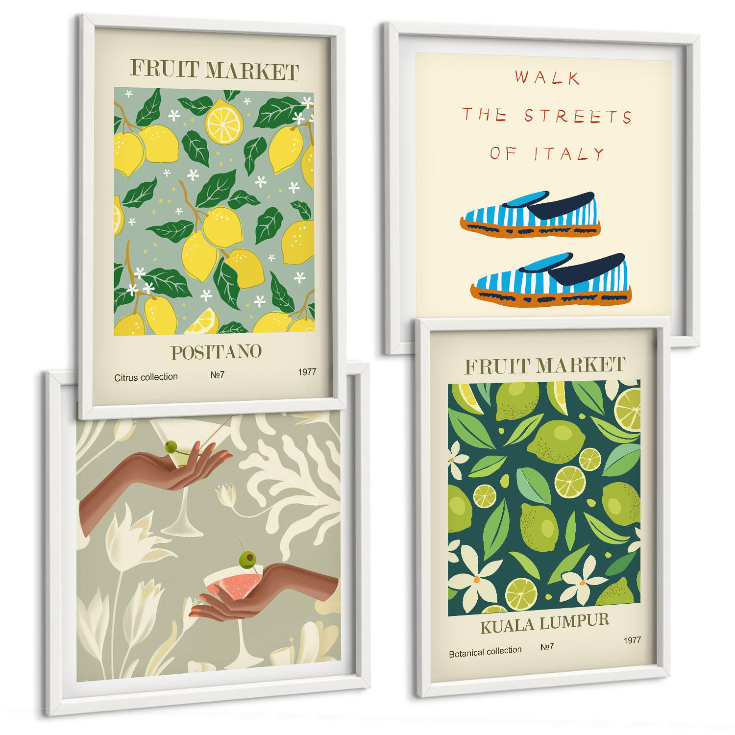 BILDER SET 4er Set - 50x50 cm & 40x60 cm Weißer Rahmen - Italienische Poster mit Fruchtmotiven - Weiß, Kunststoff (50/50cm) - TULUP