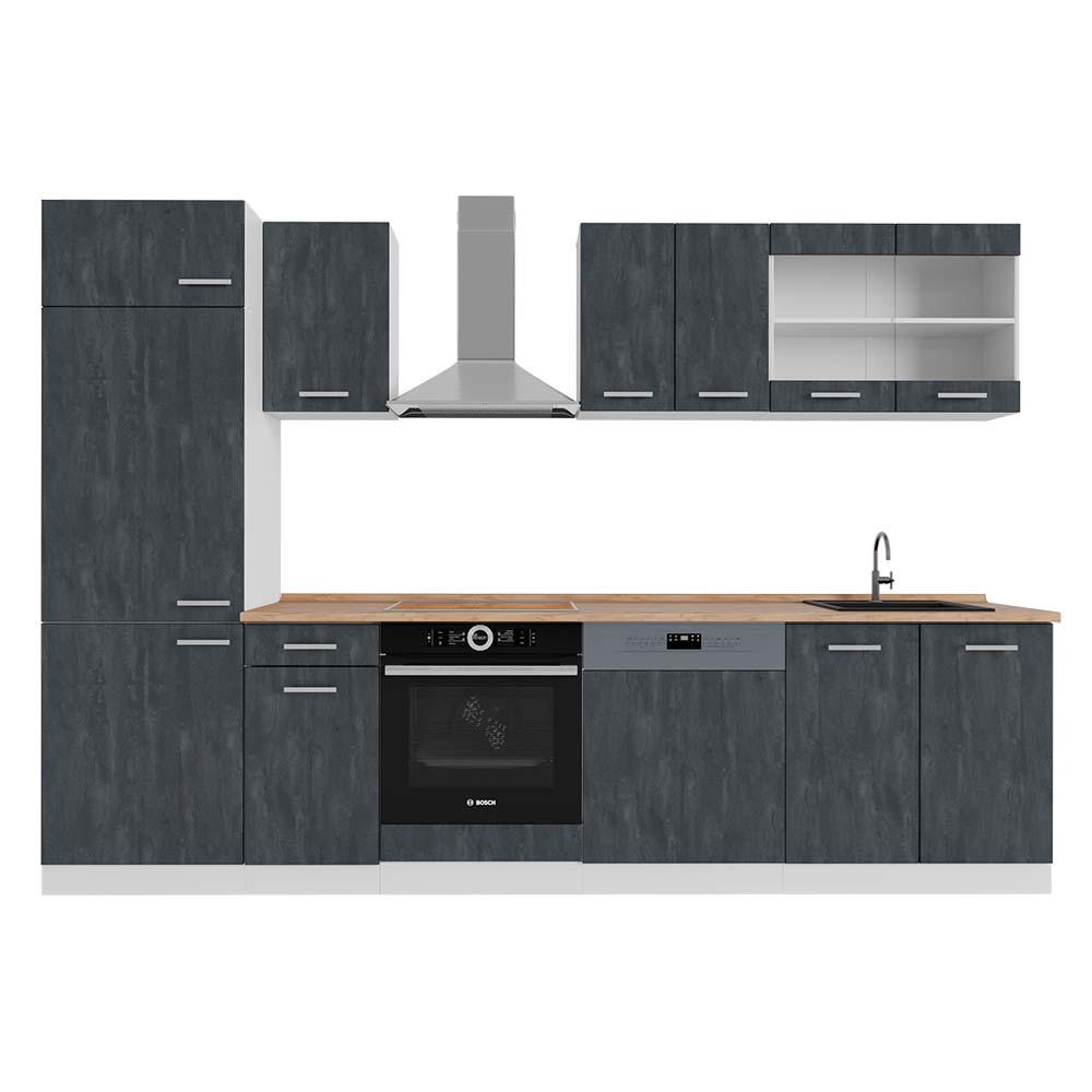 KÜCHENZEILE R-Line Schwarz Beton/Weiß 300 cm AP Eiche - Schwarz/Weiß, Holzwerkstoff (300/81.6/60cm) - Vicco