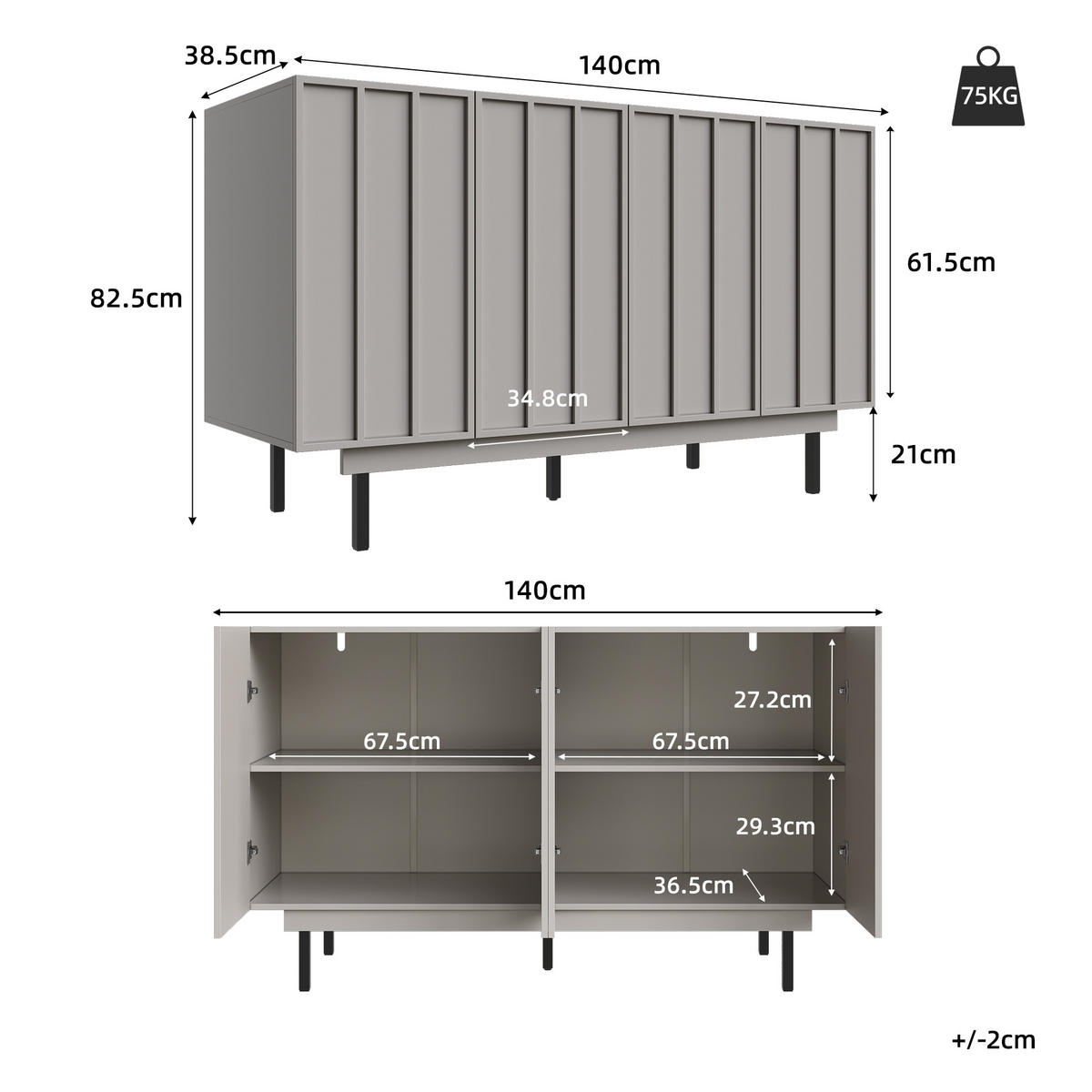 SIDEBOARD mit 4 Türen und verstellbaren Regalen, 140/38.5/82.5cm - Grau, Holzwerkstoff (140/82.5/38.5cm) - Urban Meuble