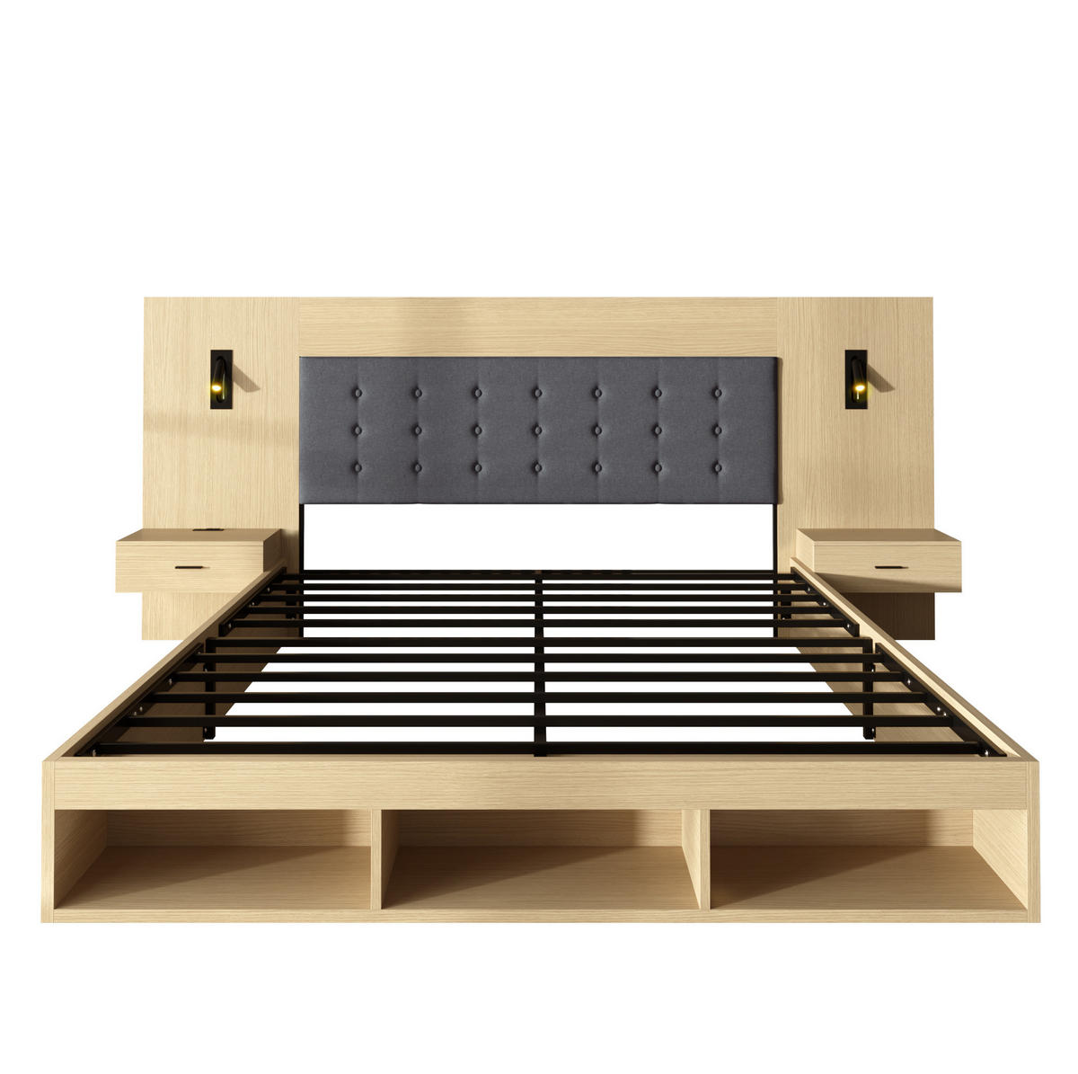 BETT 160/200 cm in heller Eiche mit Stauraum, 2 Nachttischen und USB-Anschlüssen - Eichefarben, Holzwerkstoff (180/200cm) - Flora Grace