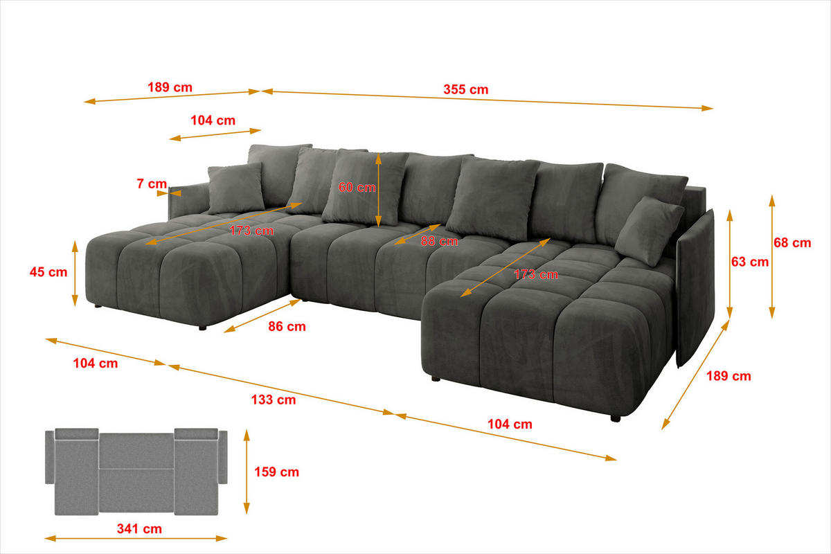 WOHNLANDSCHAFT LONLI-U 355x189x68 Dunkelgrau Velours - Anthrazit, Holzwerkstoff/Kunststoff (355/68/189cm) - ALTDECOR