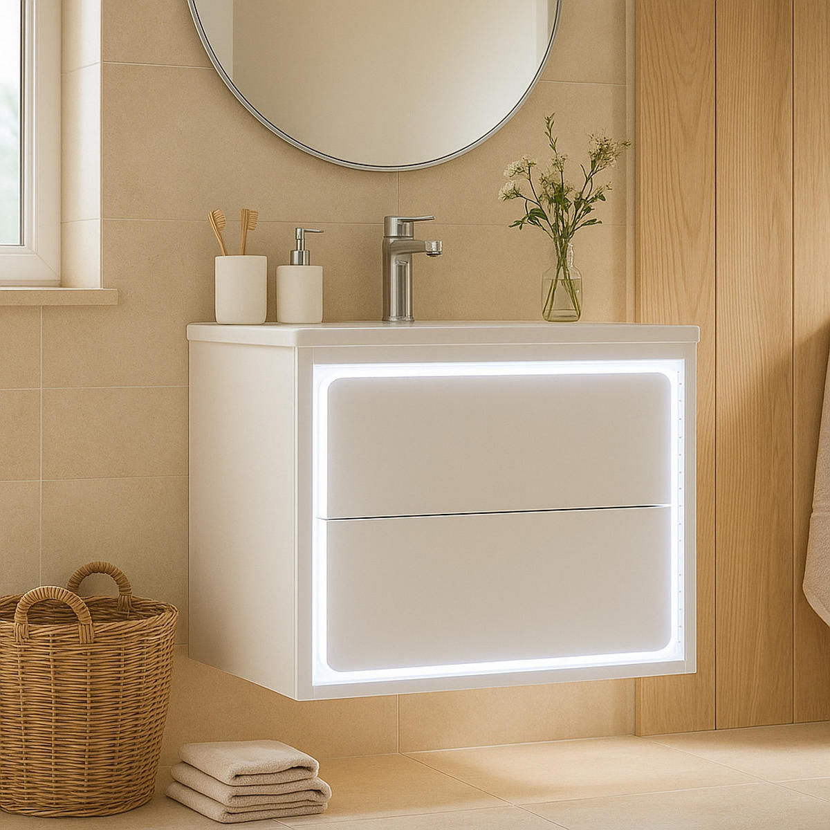 WASCHTISCHKOMBI Weiß hängend mit LED-Radarsensor & Keramikbecken - Weiß, Keramik/Holzwerkstoff (60/50/46cm) - Urban Meuble