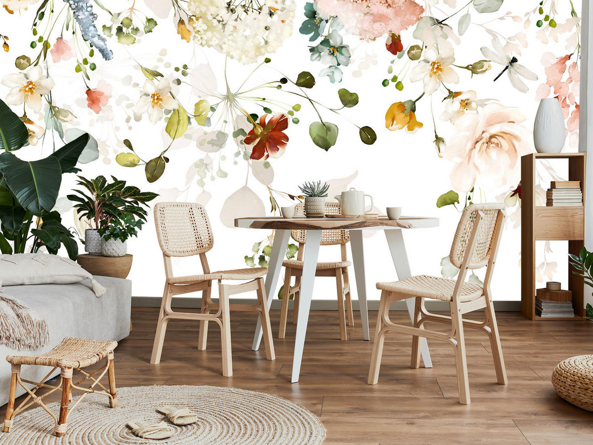 FOTOTAPETE für Schlafzimmer Bunte Zarte Blumen Blätter Pastell 150x105 - Ecru/Beige, Papier (150/105cm) - Muralo