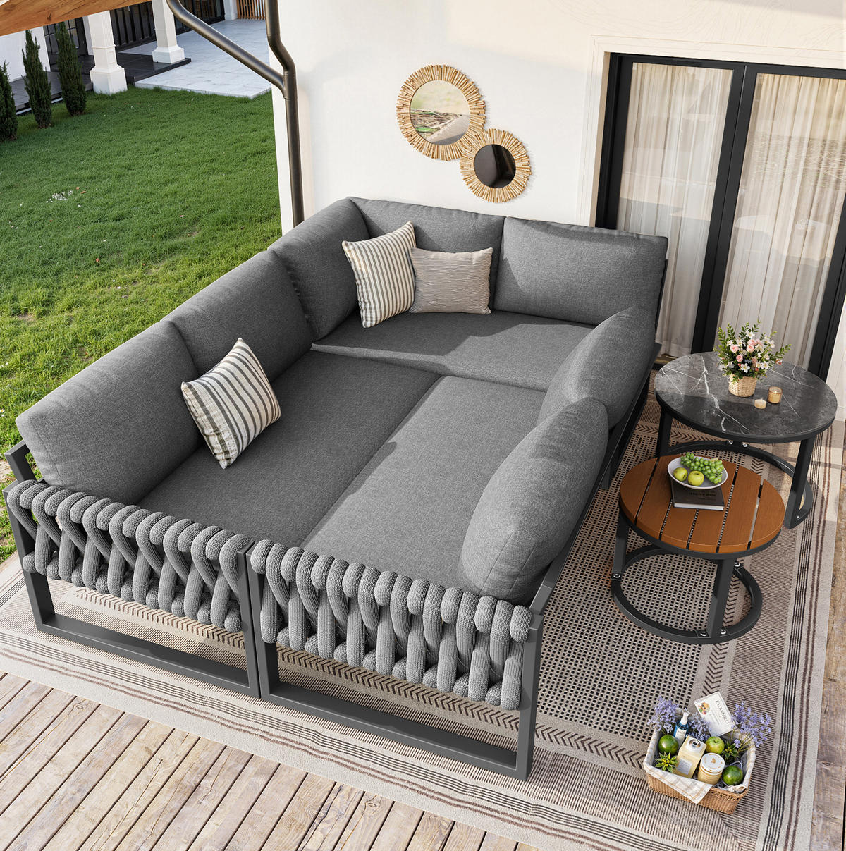 GARTENMÖBELSET modular 5-tlg. mit 2 Tischen Grau - Grau, Metall - Beauniv