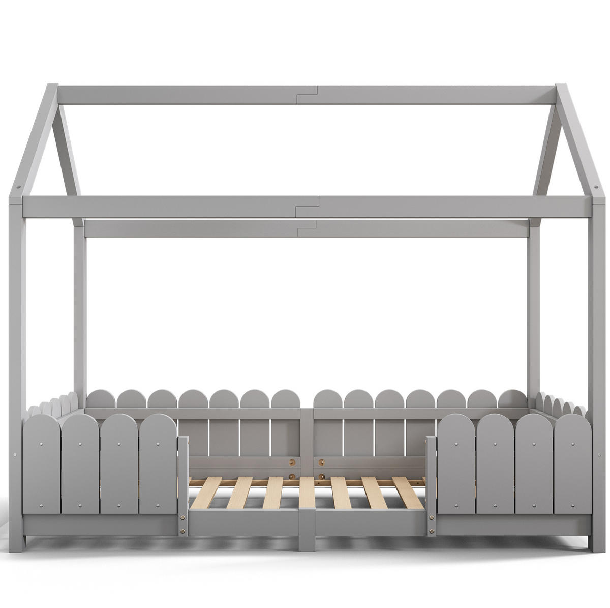 HAUSBETT 90/200 cm in Grau – mit Dach, Rausfallschutz und Lattenrost - Grau, Holz (90/200cm) - BEAOK