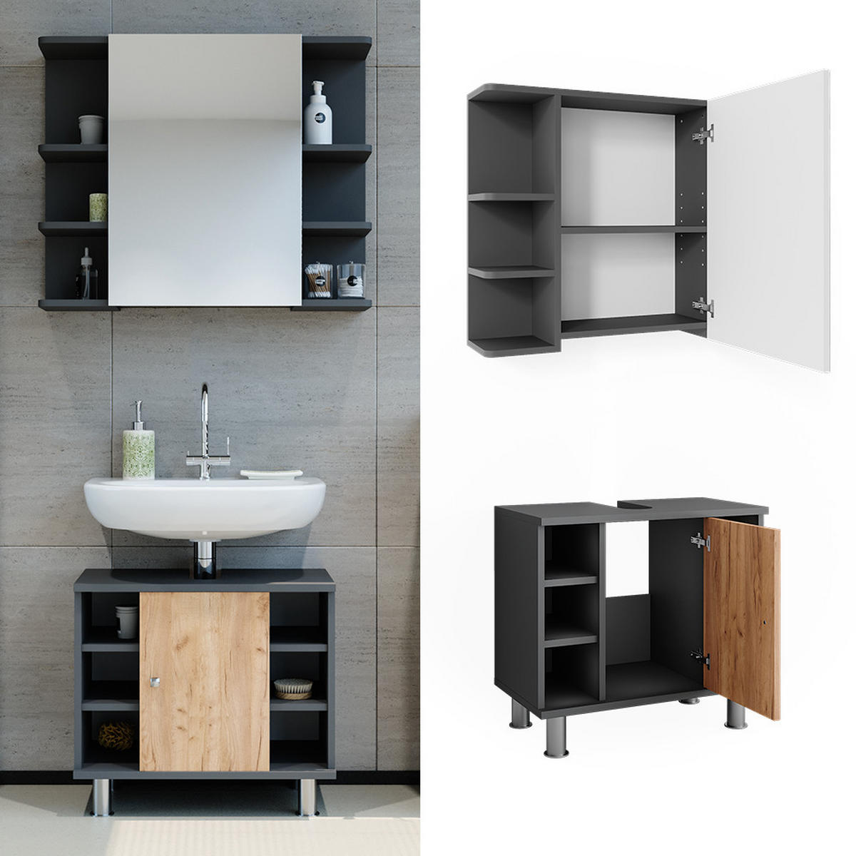 KOUPELNOVÝ NÁBYTEK Fynn Antracit/zlatý dub - medově dubová/antracitová, kompozitní dřevo (60/54/32cm) - Vicco