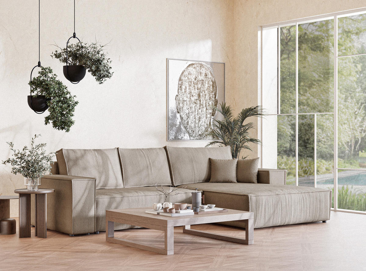 ECKSOFA MIT SCHLAFFUNKTION Maze Dunkelbeige Samtstoff - Beige/Schwarz, Holz/Holzwerkstoff (294/185cm) - Maison de Reve
