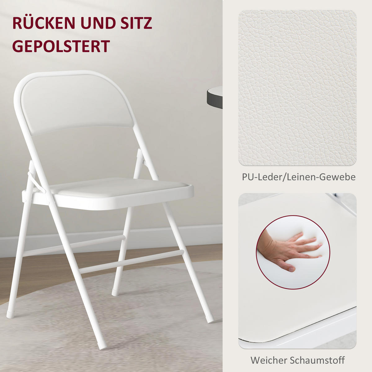 KLAPPSTUHL Klappbar Campingstuhl mit Gepolsteter Rückenlehne für Gäste, Weiß - Weiß, Metall (45/78/46cm) - HOMCOM