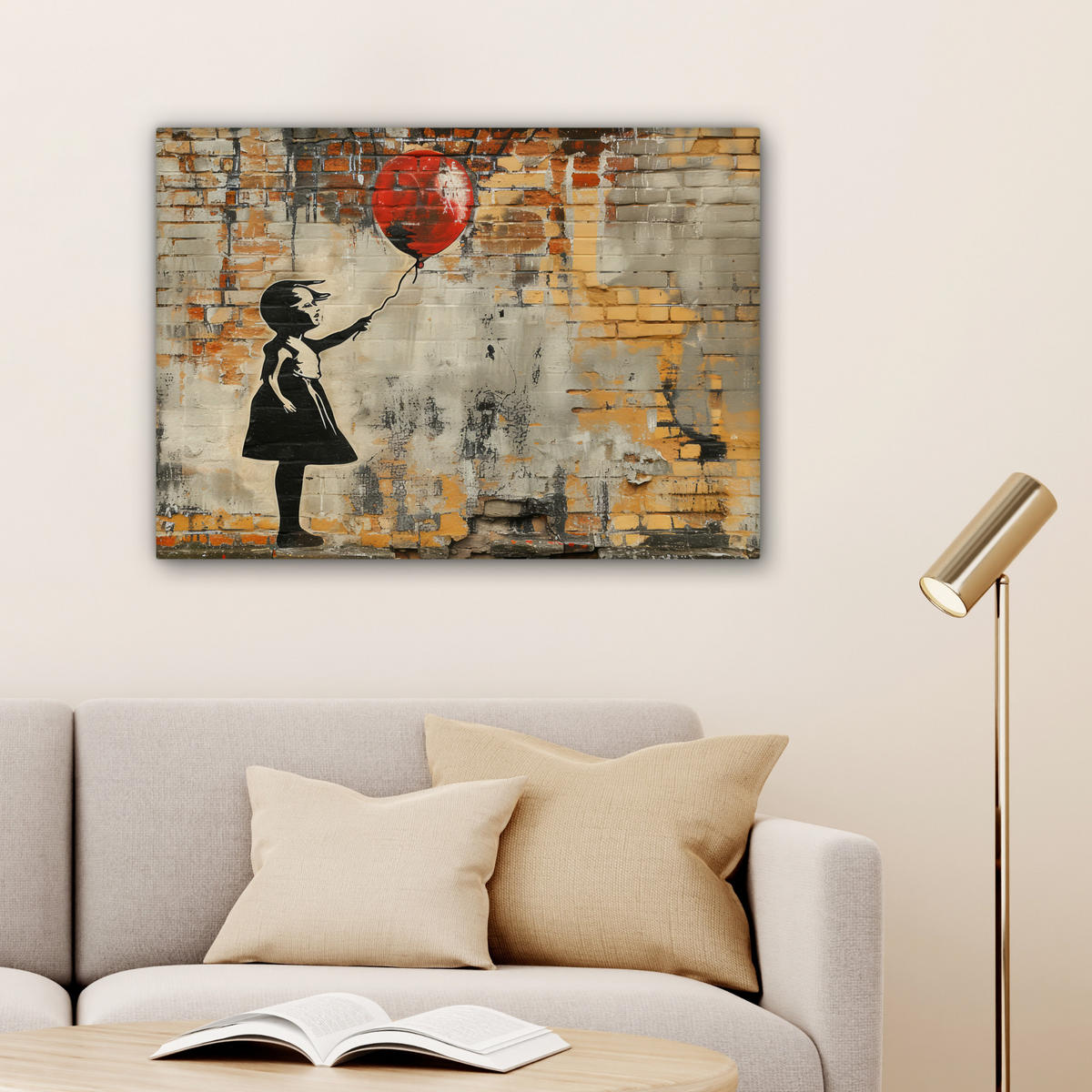 LEINWANDBILD Graffiti - Banksy - Mädchen - Straßenkunst Wandbilder 80x60 cm - Sandfarben, Textil (80/60cm) - MuchoWow