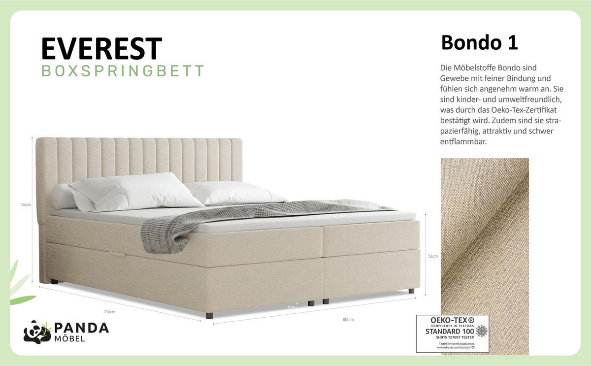 BOXBETT Everest beige 180 x 200 cm Doppelbett mit hochwertiger Bonell-Matratze und Topper - Creme, Holz (180/200cm) - Panda Möbel