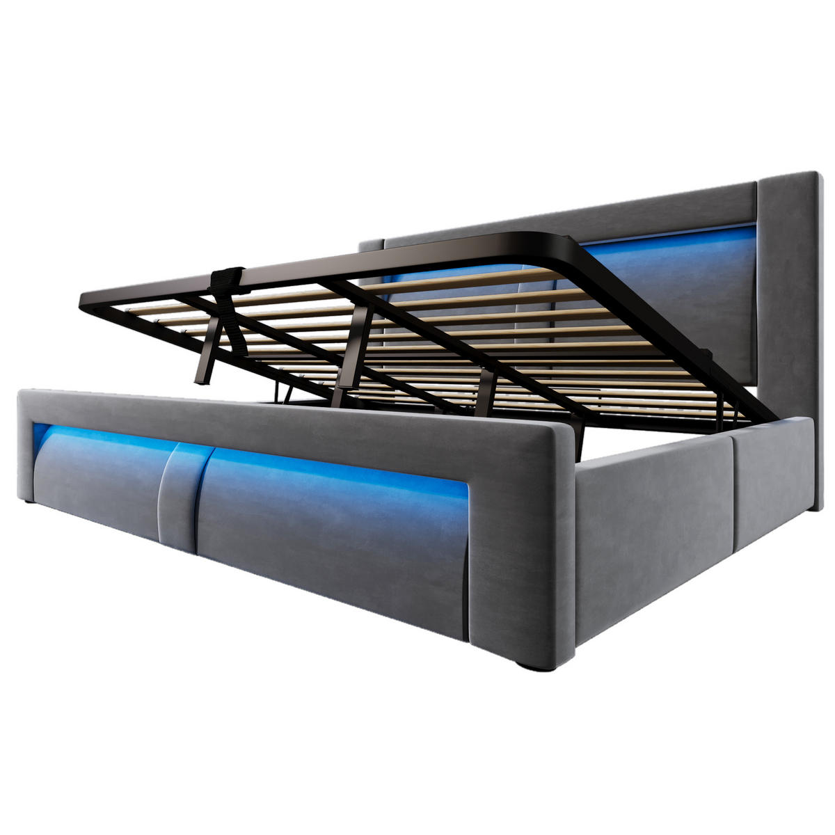POLSTERBETT 180/200 cm Grau aus Samt mit Stauraum LED und USB-C - Grau, Textil (180/200cm) - OKWISH