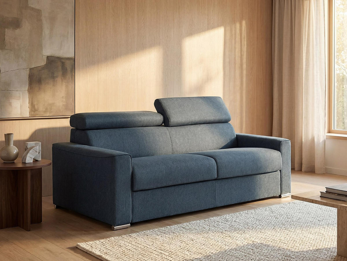 SCHLAFSOFA 4-Sitzer - Liegefläche mit Lattenrost: 160 cm - Matratze: 22 cm mit Memory Schaum - Stoff - Blau - VIZIR - Blau, Textil (216/110/223cm) - Vente-Unique