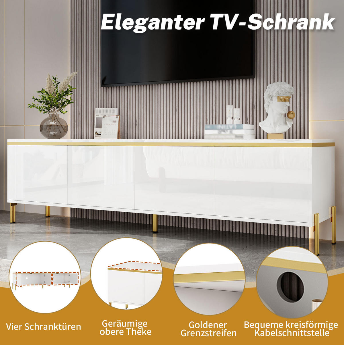 TV-LOWBOARD 170/38/50 cm weiß aus Spanplatte mit Hochglanz-Oberfläche und Kabeldurchführungen - Weiß, Holzwerkstoff (38/50/170cm) - OKWISH