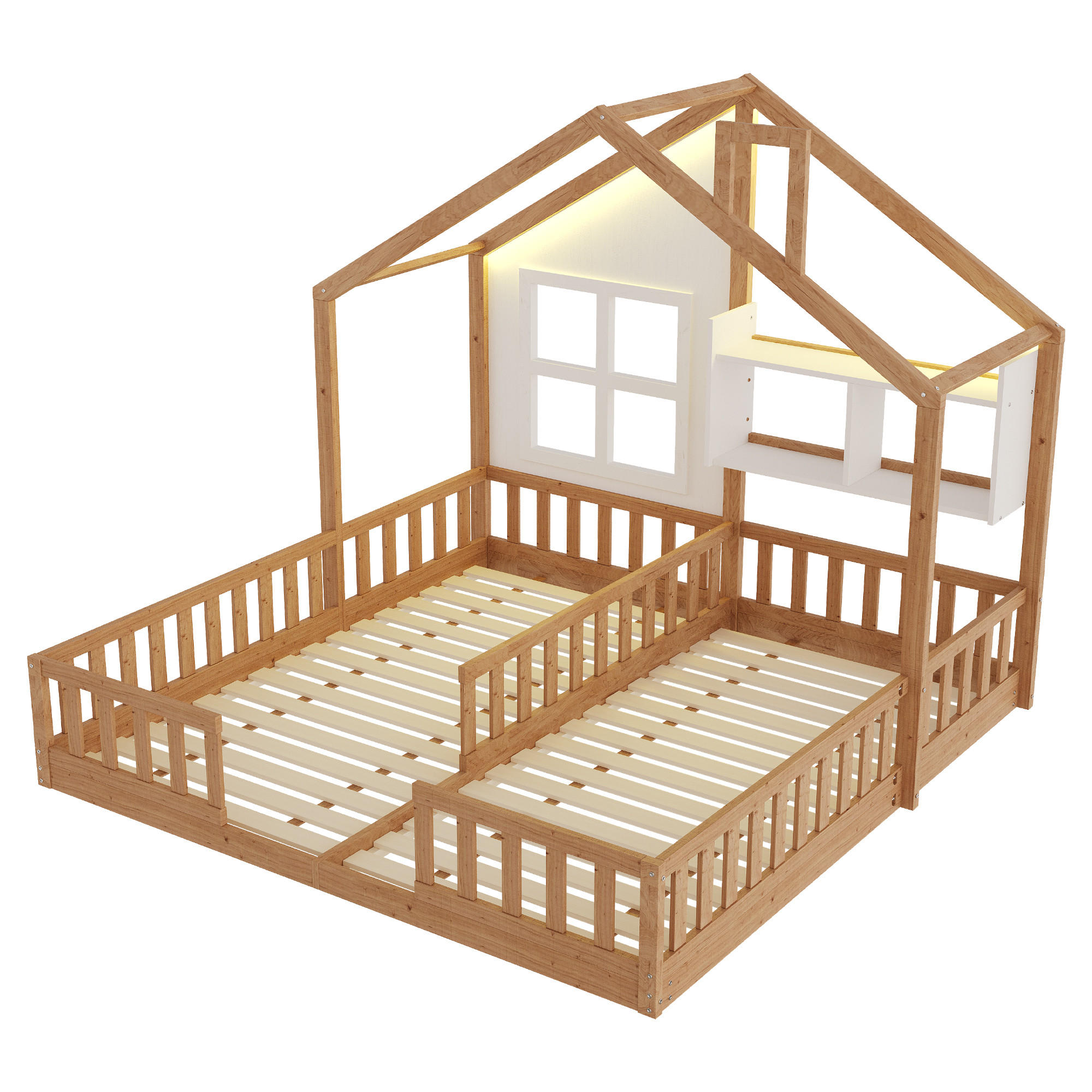 HAUSBETT 90/200 cm DE-01549, in Holzfarbe, mit LED-Beleuchtung, Fenstern und Schornstein - Naturfarben, Holz (90/200cm) - ComfortXL